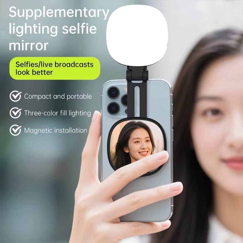 Portable Mini Magnetic LED Fill Light - Foldable, Dimmable, Built-In Makeup Mirror, Ideal for Selfie & Photography Equipment